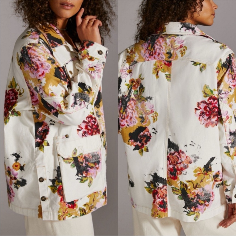 Anthropologie Pilcro The Wanderer Jacket White Floral Denim Jacket XS